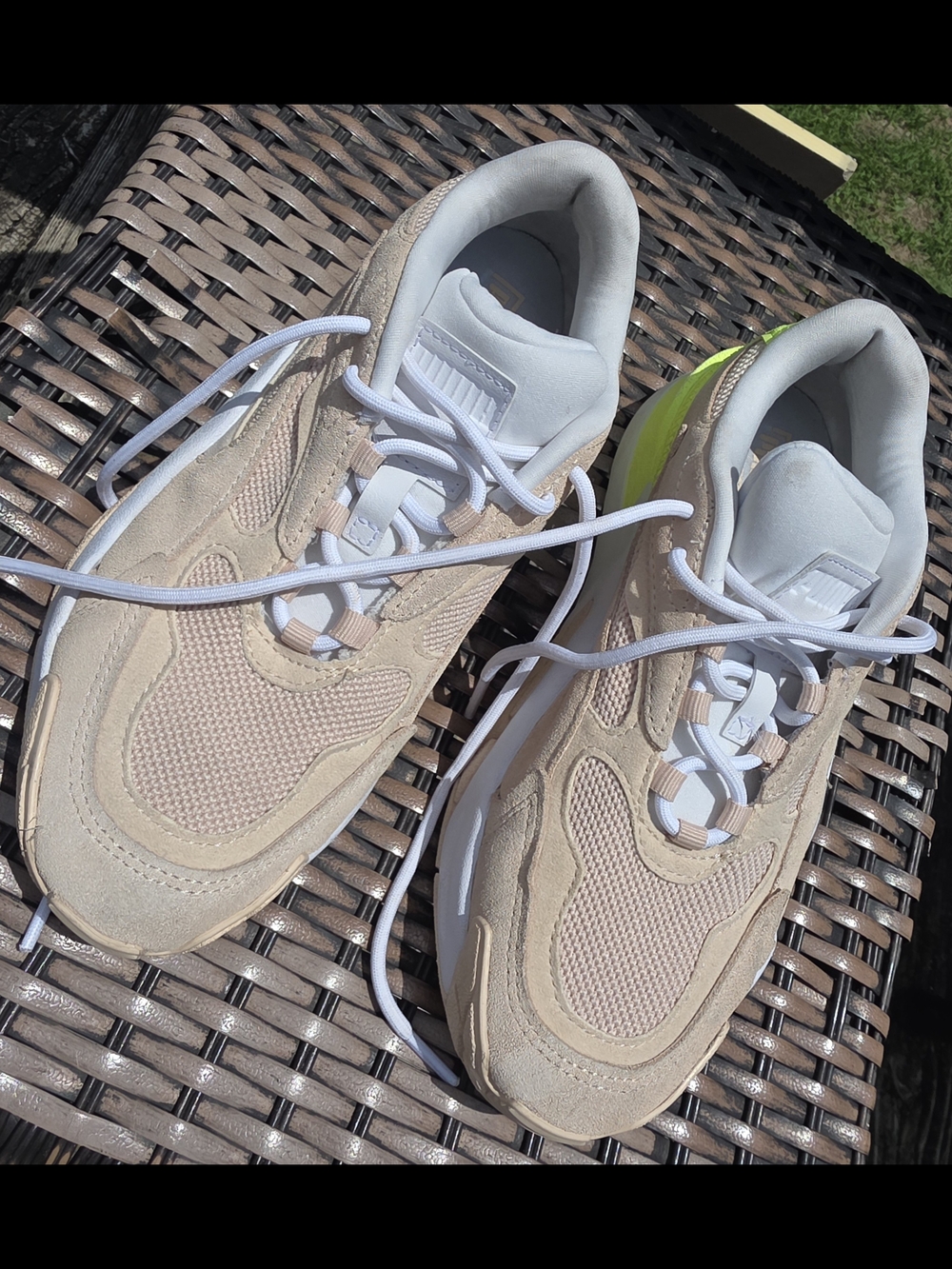 Puma Beige Sneakers with Neon Yellow Heel Accent
